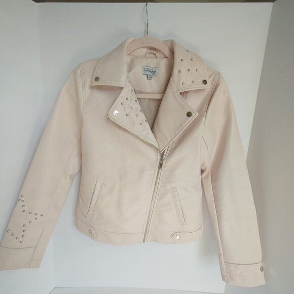 Coffe Shop Kid's Light Pink Faux Leather Silver Stud Moto Biker Jacket - XL Kids - Picture 2 of 15